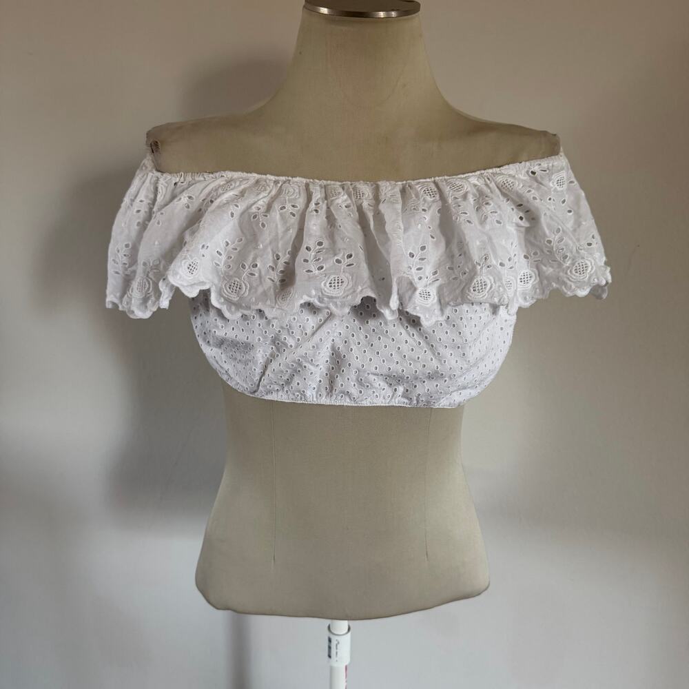 LoveShackFancy White Ruffle Crop Top Sz S Boho Cottagecore Cowgirl Coastal - Picture 2 of 7